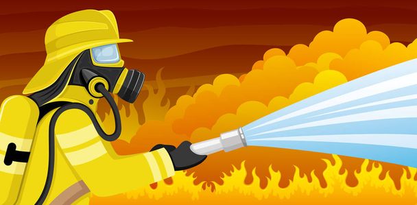 Fireman in a gas mask extinguishes a fire. - Vector, Imagen