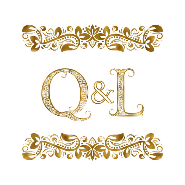 Q и L винтажные инициалы логотип. Буквы окружены декоративными элементами. Монограмма о свадьбе или деловых партнерах в королевском стиле
. - Вектор,изображение
