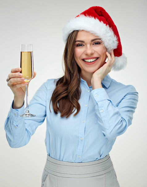 smiling woman in shirt with glass of champagne isolated studio portrait - Fotoğraf, Görsel