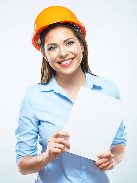 Business woman builder engineer, white blank board. - Photo, Image