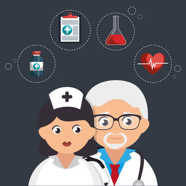 couple doctors with medical icons - Vector, Image
