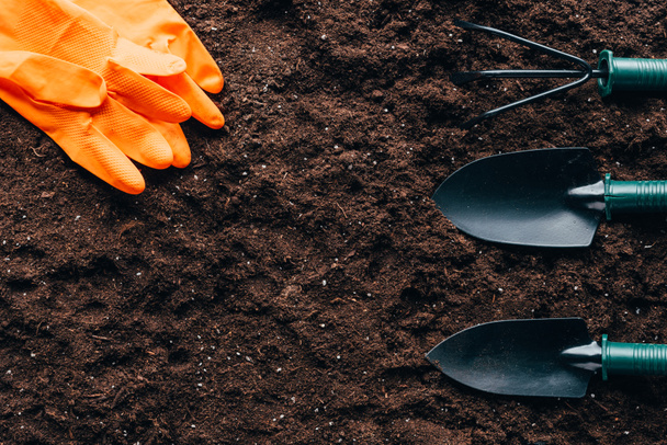 top view of orange rubber gloves and small gardening tools on soil - Photo, Image