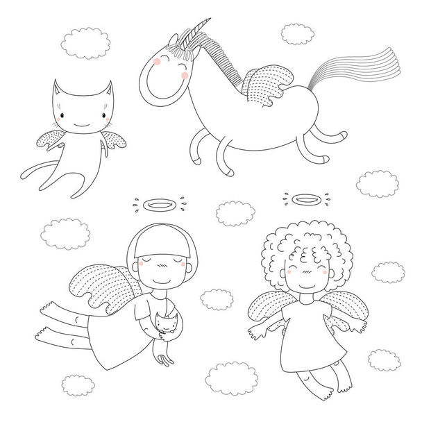 Hand drawn black and white cute little angel girls and cat with wings and unicorn, vector, illustration - Vector, Image