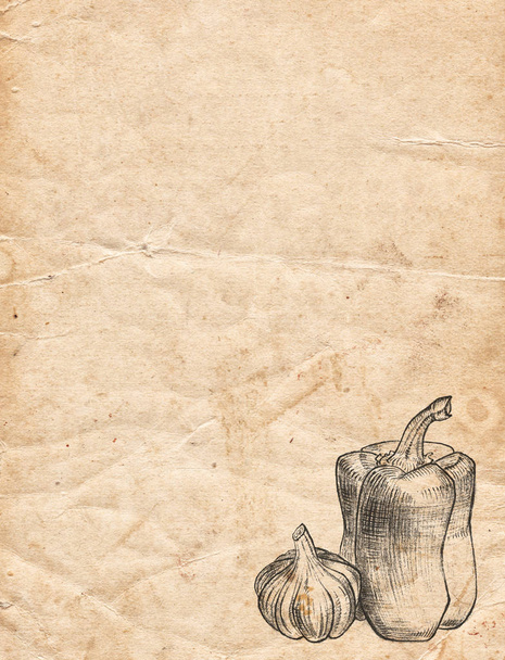 Old vintage paper with pepper and garlic. Restaurant Menu backgr - Photo, Image