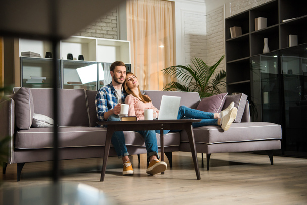 Vista a nivel de superficie de la pareja viendo portátil en la sala de estar con interior moderno
 - Foto, imagen