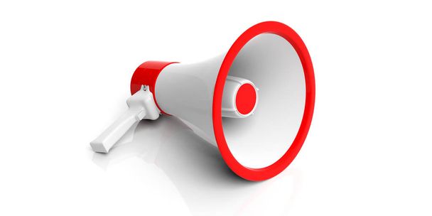 Bullhorn, megafon białe z czerwonymi elementami na białym tle. ilustracja 3D - Zdjęcie, obraz