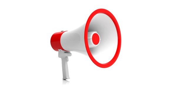 Bullhorn, megafono bianco con dettagli rossi su sfondo bianco. Illustrazione 3d
 - Foto, immagini