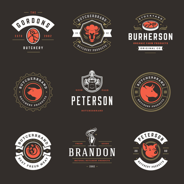 Butcher shop logos set vector illustration. Good for farm and restaurant badges, animals and meat silhouettes. Retro typography emblems design. - ベクター画像