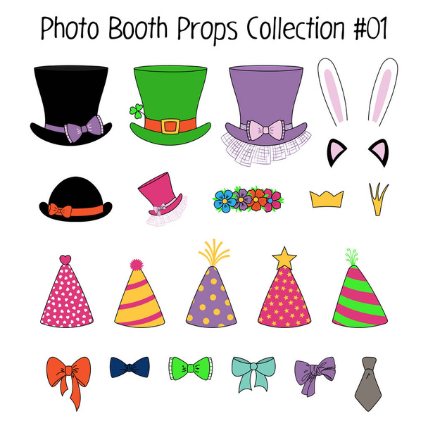 Conjunto de accesorios de cabina de fotos de dibujos animados dibujados a mano con sombreros y pajaritas, vector, ilustración
 - Vector, Imagen