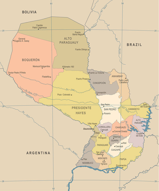 Mapa Paraguai - Ilustração vetorial detalhada vintage
 - Vetor, Imagem