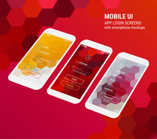 Colorful templates of login and registration in mobile apps on red background - Vector, Image