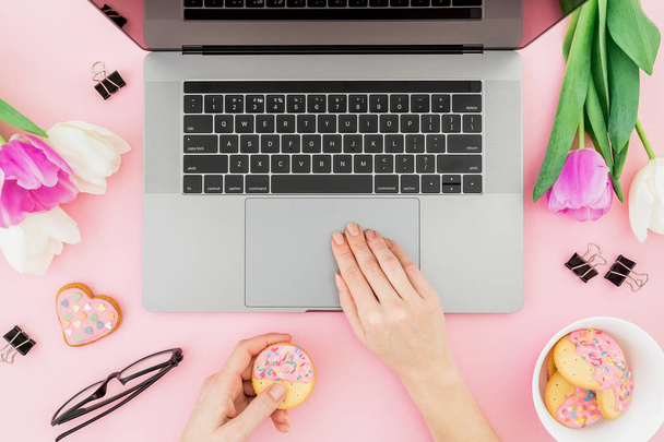 Top view on female hands working on laptop surrounded by tulips, cookies and different stationery on pink background - Fotografie, Obrázek
