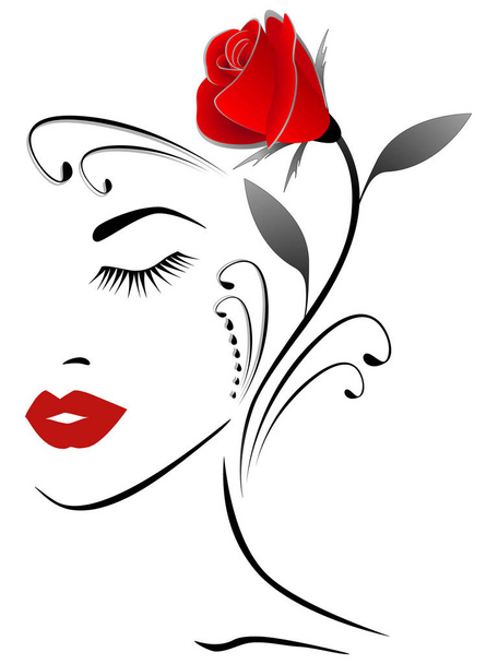 Abstract portrait of a girl with a red rose. - Vector, Image