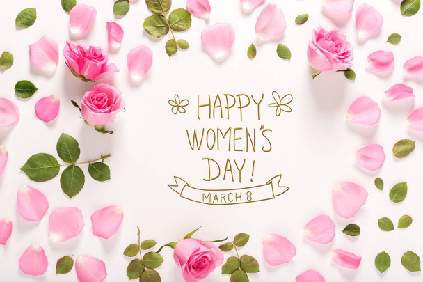 Happy Womens Day message with roses and leaves - Φωτογραφία, εικόνα