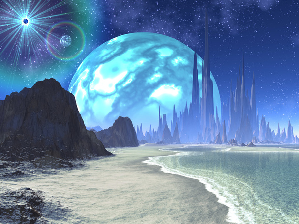 Twin Suns e Planeta sobre Alien Beach World
 - Foto, Imagem