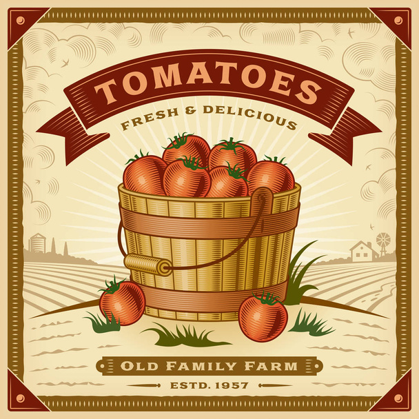 Retro tomaatti sato etiketti maisemaa. Muokattava EPS10-vektorikuvitus puutyyliin leikkausnaamiolla ja läpinäkyvyydellä
. - Vektori, kuva