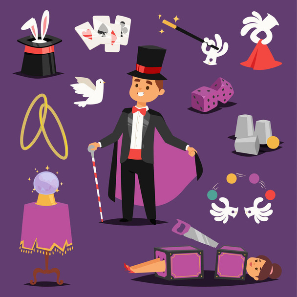 Illusionist vector magic man and saw woman on scene icons bunny, hat, ball fantasy witchcraft magic theater. Wizard hat entertainment performance magician illusionist. Imagination mystery concept - Вектор,изображение