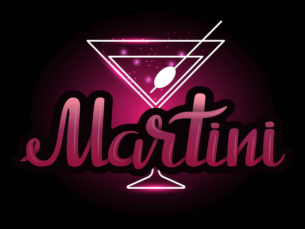 Vector lettering Martini in pink tones on the background of a glass with a cocktail. - Vektori, kuva