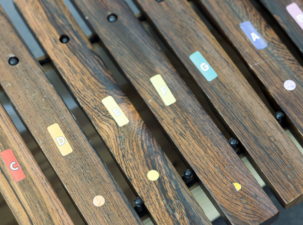 close-up de instrumento de paletes de madeira para crianças vistas de cima
 - Foto, Imagem