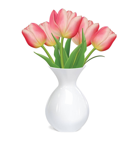 Tulips flowers in white vase. Vector illustration - Vector, imagen