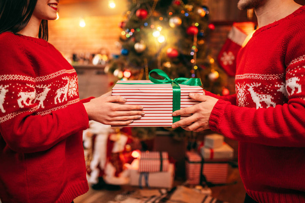 Noel tatili birlikte evde, kutluyor mutlu aşk çift koca karısına hediye vermek - Fotoğraf, Görsel