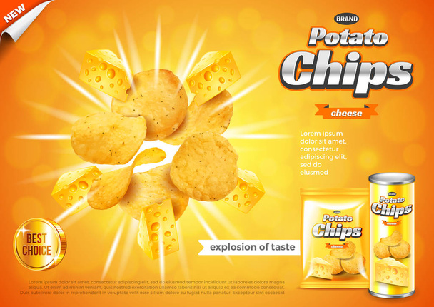 Chips ads. Cheese flavour explosion vector background - Vector, Image