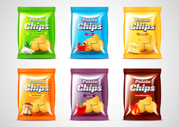 Chips Verpackungsdesign, fotorealistisches Vektorset - Vektor, Bild