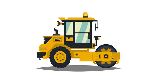 Yellow asphalt compactor isolated on white background. Construction machinery. Special equipment. Road repair. Vector illustration. Flat style - Vector, Image