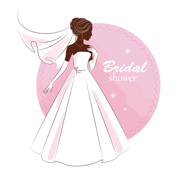 Bridal shower invitation. Young beautiful bride is in an elegant wedding dress. Vector illustration for your design.Invitation, greeting card, template for the bride show. - Vector, imagen