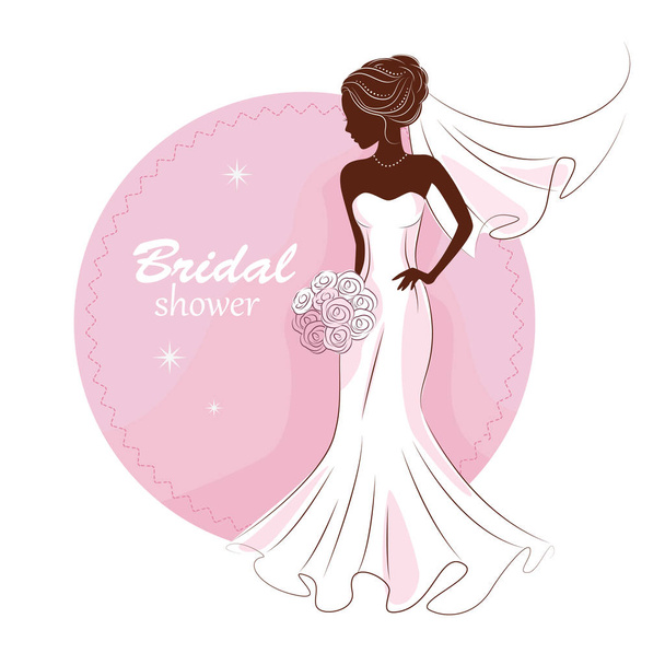 Bridal shower invitation. Young beautiful bride is in an elegant wedding dress. Vector illustration for your design.Invitation, greeting card, template for the bride show. - Vektor, kép