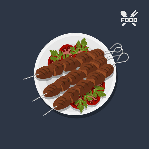Icon of kebab with tomato on a plate. Top view. Restaurant dish. Meat food. Image of barbecue meal - Vector, Image