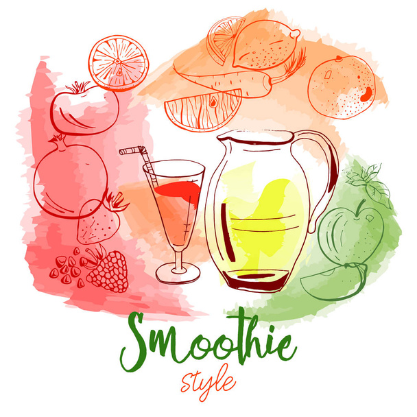 Hand drawn vector banner of original smoothie fruits on watercolor background. - Vektor, Bild
