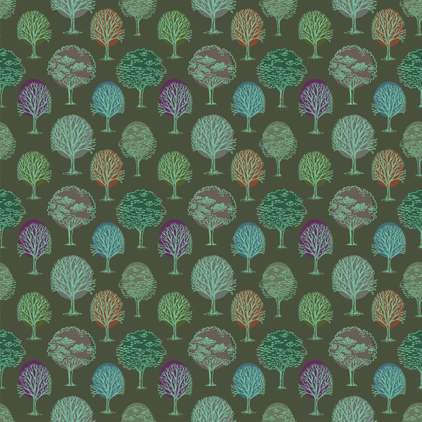 Vector pattern with trees and bushes on green background. - Vector, Image