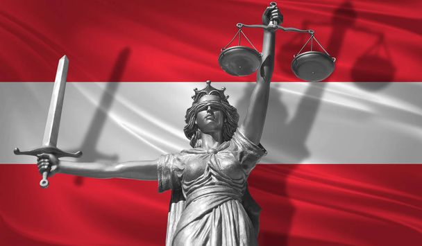 Dekking over het recht. Standbeeld van god van Justitie Themis met achtergrond van de vlag van Oostenrijk. Originele standbeeld van Justitie. Femida, met schaal, symbool van Justitie met de vlag van Oostenrijk, 3D-rendering. - Foto, afbeelding
