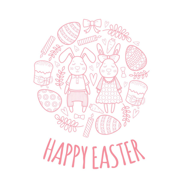 Vettore decorativo messo per una vacanza Easter. Ragazza e ragazzo conigli, uova, ghirlanda, torta, ramoscelli, arco e altri elementi per il design
. - Vettoriali, immagini