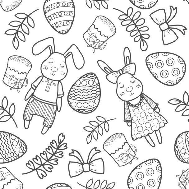 Διάνυσμα διακοσμητικό μοτίβο για διακοπές Πάσχα. Γιρλάντα κορίτσι και αγόρι, αυγά, κουνέλια, κέικ, κλαδιά, τόξο και άλλα στοιχεία για το σχεδιασμό. - Διάνυσμα, εικόνα