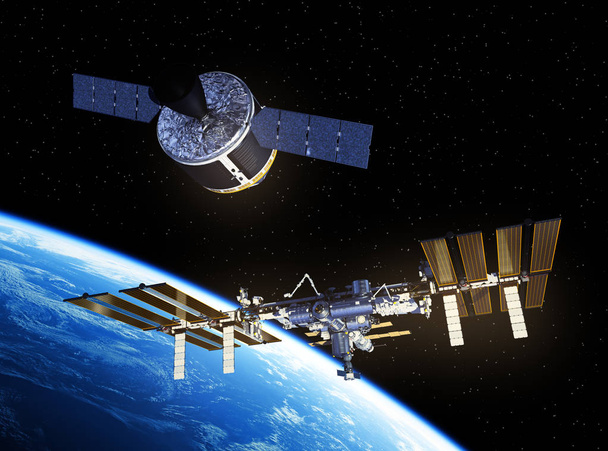 国際宇宙ステーションとドックに準備中の貨物宇宙船 - 写真・画像