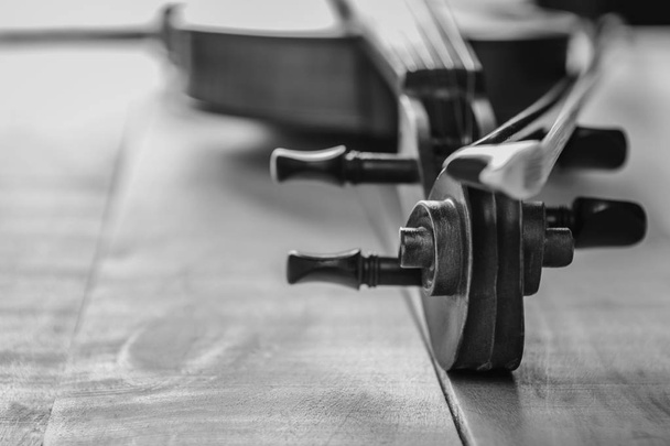 black and white photo of violin and bow - Фото, изображение