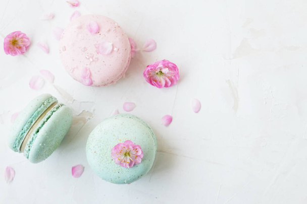 Traditional French blueberry strawberry cranberry macaroons dessert biscuits with beautiful flowers arrangement on white gray concrete textured background table top. Tasty but unhealthy food. - Foto, Imagem