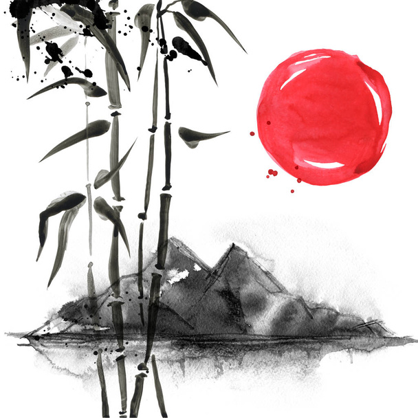 Bamboo in Japanese style. Watercolor hand painting illustration - Photo, Image