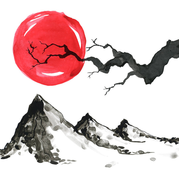 Mountains in Japanese style. Watercolor hand painting illustration - Photo, Image