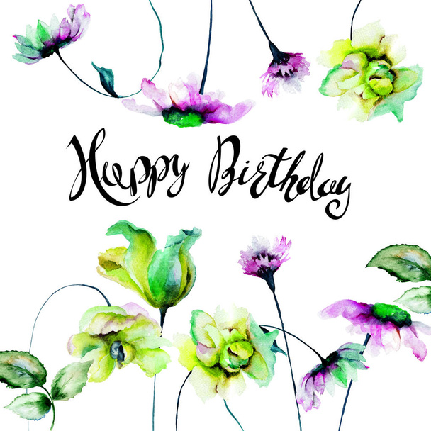 Birthday card with Decorative summer flowers - Zdjęcie, obraz