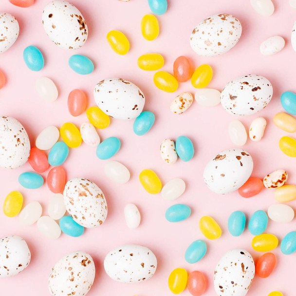 Stylish Candy background.  Easter concept . Flat lay - Fotoğraf, Görsel