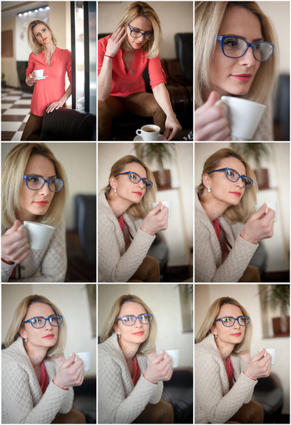 "Attractive sexy blonde in white sweater over pink blouse holding a cup of coffee. Portrait of sensual woman sitting on large leather armchair relaxing. Woman with long hair enjoying a coffee, indoors - Photo, Image