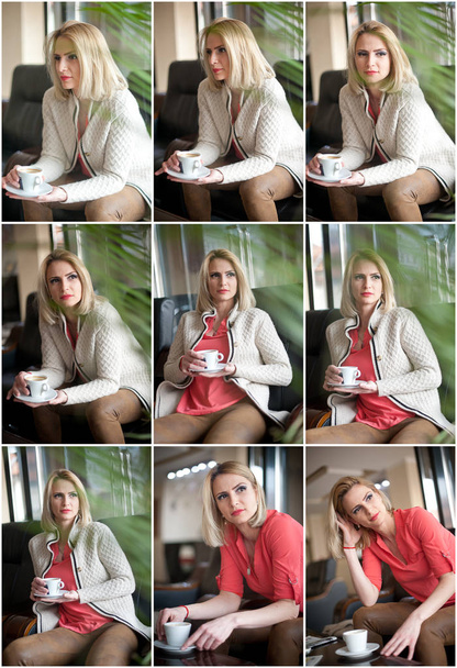"Attractive sexy blonde in white sweater over pink blouse holding a cup of coffee. Portrait of sensual woman sitting on large leather armchair relaxing. Woman with long hair enjoying a coffee, indoors - Foto, afbeelding