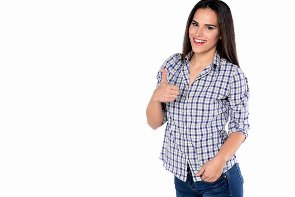 portrait of a beautiful woman in blue jeans and shirt, isolated on white - Фото, зображення