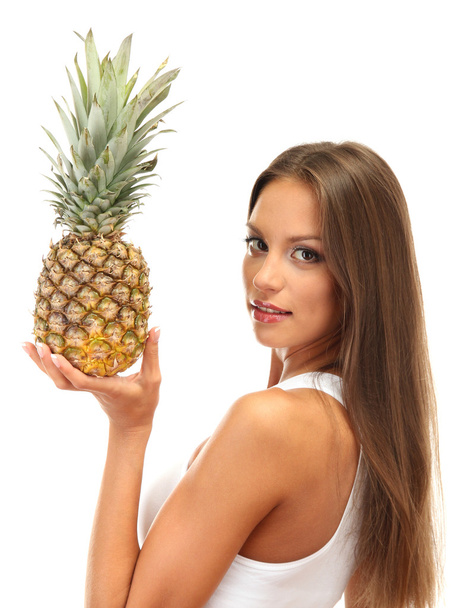 beautiful young woman with pineapple, isolated on white - Φωτογραφία, εικόνα