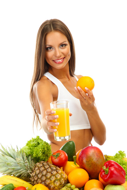 beautiful young woman with fruits and vegetables and glass of juice, isolated on white - Φωτογραφία, εικόνα