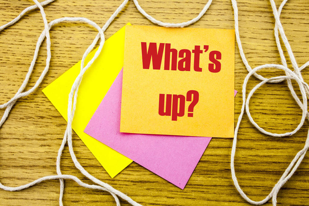 Whats up - word on yellow sticky note in wooden background. Bussines concept. - Photo, Image
