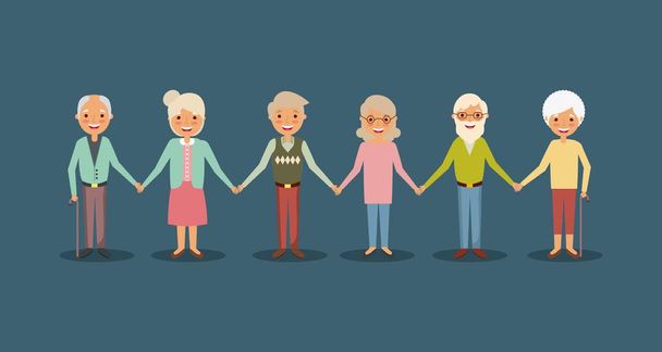 skupina starších lidí drží za ruce, usmívající se lidé kreslený - Vektor, obrázek